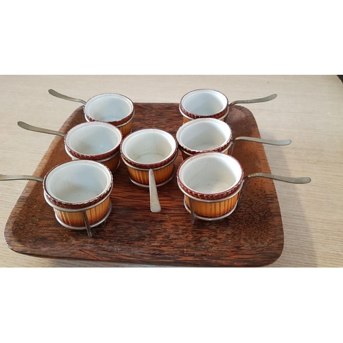 41A - Retro Tableware; 7 x Ramekin Dishes (Ø: 6cm), in Metal Holders on Wooden Tray, (25 x 26cm), Together... 