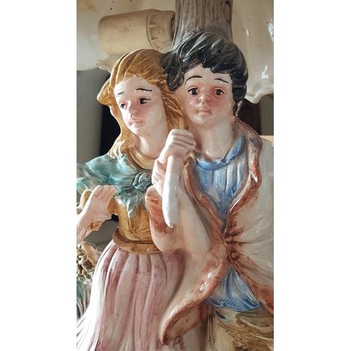 43A - Capodimonte Style Table Lamp, 'Walking in the Rain', (Approx. H: 47cm), * Basic Test and Working *, ... 