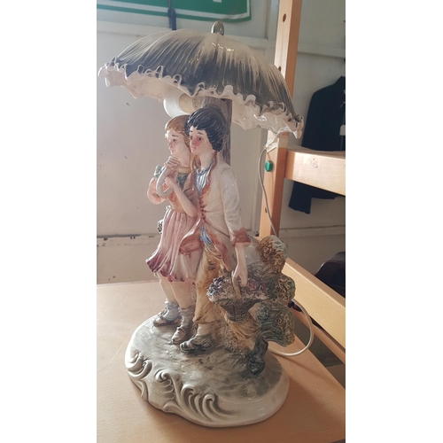 43A - Capodimonte Style Table Lamp, 'Walking in the Rain', (Approx. H: 47cm), * Basic Test and Working *, ... 