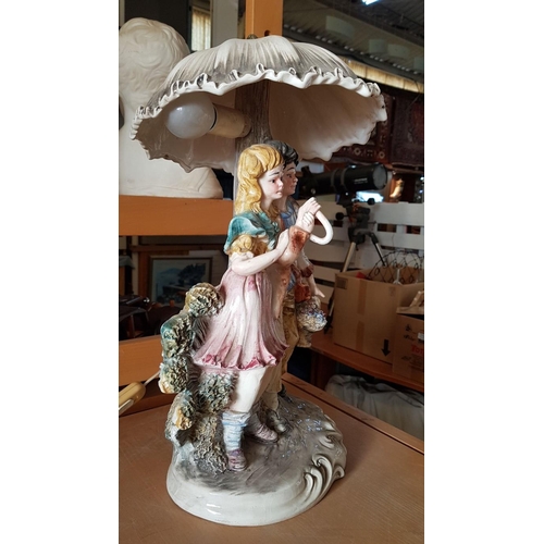 43A - Capodimonte Style Table Lamp, 'Walking in the Rain', (Approx. H: 47cm), * Basic Test and Working *, ... 