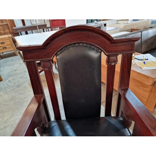 125 - Heavy Solid Wood Rocking Armchair with Arched Back, Studded Padded Black Leather Back Support and Se... 