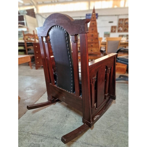 125 - Heavy Solid Wood Rocking Armchair with Arched Back, Studded Padded Black Leather Back Support and Se... 