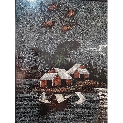 558 - Black Lacquer Asian Rural Village Art Work on Board, Framed, Made in Vietnam, (Approx. 37 x 48cm)