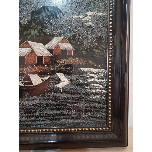 558 - Black Lacquer Asian Rural Village Art Work on Board, Framed, Made in Vietnam, (Approx. 37 x 48cm)