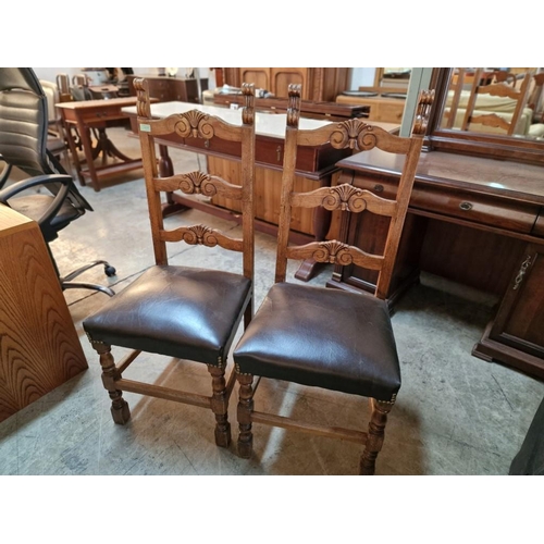 666 - Pair of Vintage Wooden Chairs with Carved Back Rests, Turned Legs and Padded Leather Seat, (2)