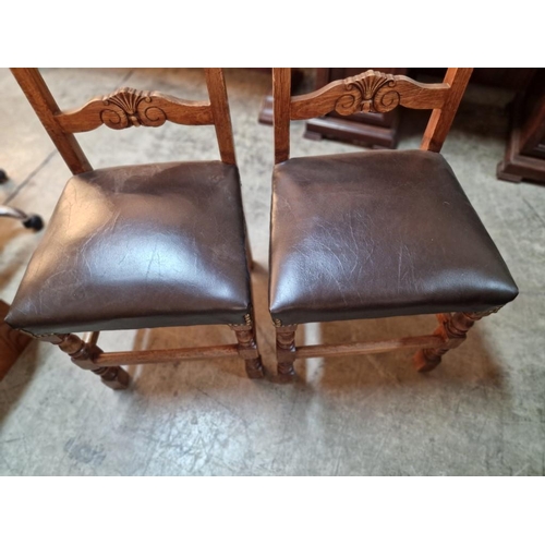 666 - Pair of Vintage Wooden Chairs with Carved Back Rests, Turned Legs and Padded Leather Seat, (2)