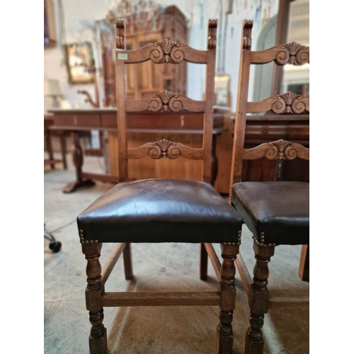 666 - Pair of Vintage Wooden Chairs with Carved Back Rests, Turned Legs and Padded Leather Seat, (2)