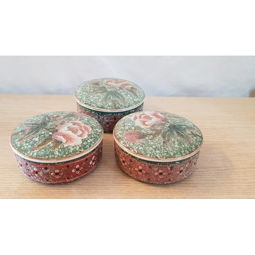 682 - Pair of Ceramic Candle Holders (H: 10cm) and 3 x Matching Large Lidded Trinket Boxes, (Ø: 11.5cm), (... 