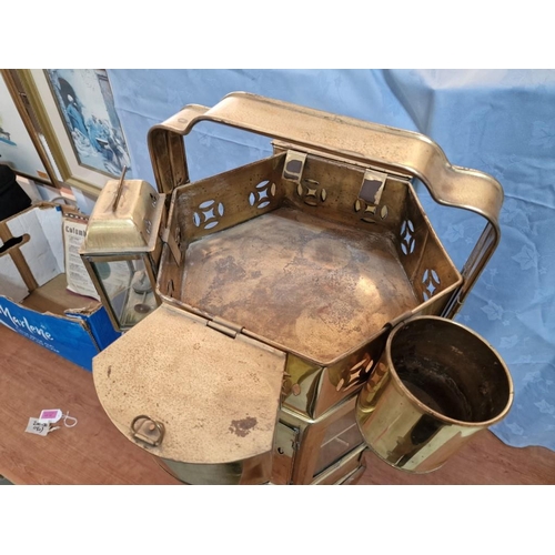 590 - Vintage Brass Mid-Century Hexagonal Brass Noodle Cart with Various Attachments Over Wooden Base with... 