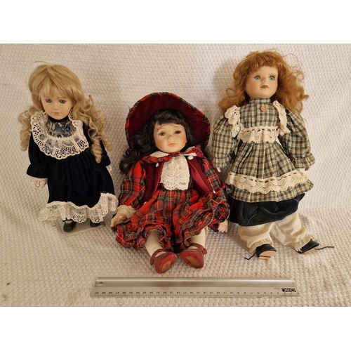 594 - 3 x Porcelain Dolls in Victorian Style Dress; 2 x Standing and 1 x Seated, (Approx. Max. H: 35cm), (... 