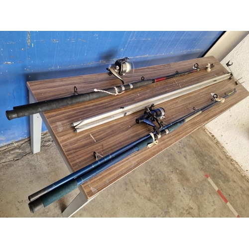 519 - 2 x Sea Fishing Rods and Beach Rod Rest; Leeda Merit Beach 3.6m (A6238) with Shakespeare XK3000 Reel... 