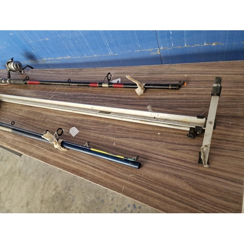 519 - 2 x Sea Fishing Rods and Beach Rod Rest; Leeda Merit Beach 3.6m (A6238) with Shakespeare XK3000 Reel... 