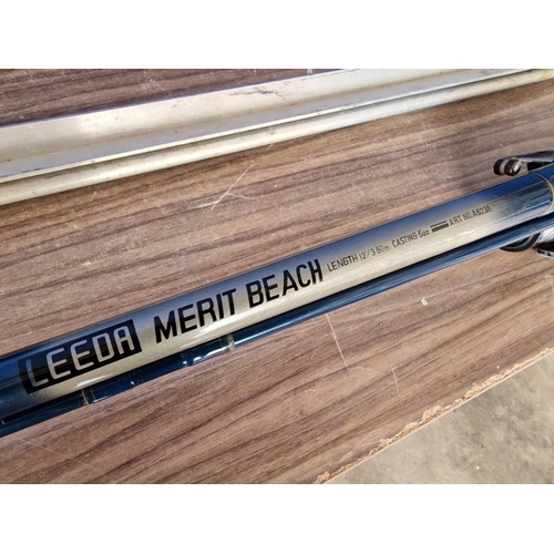 519 - 2 x Sea Fishing Rods and Beach Rod Rest; Leeda Merit Beach 3.6m (A6238) with Shakespeare XK3000 Reel... 