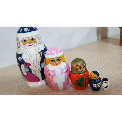 109 - Collection of Soviet Russian Traditional Wooden Toys; 1993 Matrioshka Santa Family, Semonov Grandfat... 