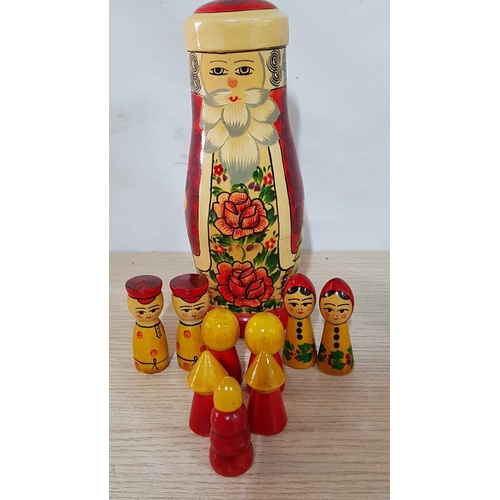 109 - Collection of Soviet Russian Traditional Wooden Toys; 1993 Matrioshka Santa Family, Semonov Grandfat... 