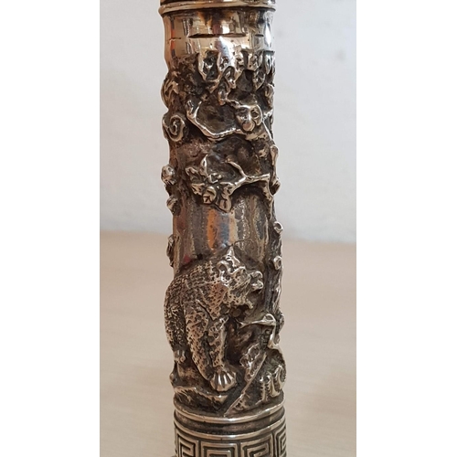 40 - Pair of Shanghai Tang Silver Plated Lunar Candlesticks, (Approx. H: 19.5cm each), (2)