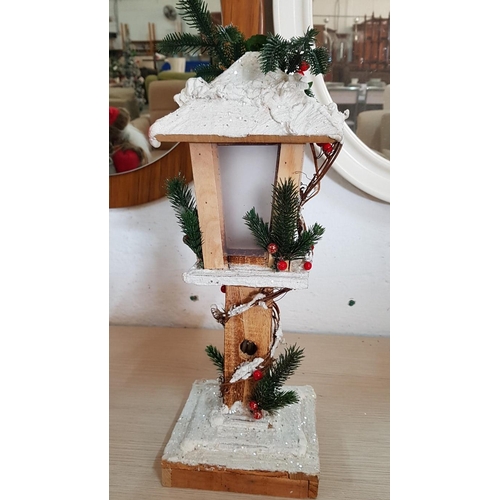 26 - Snow Topped Wooden Lamp Post (H: 44cm) and Santa Figure Carrying Gifts, (H: 37cm), (2)