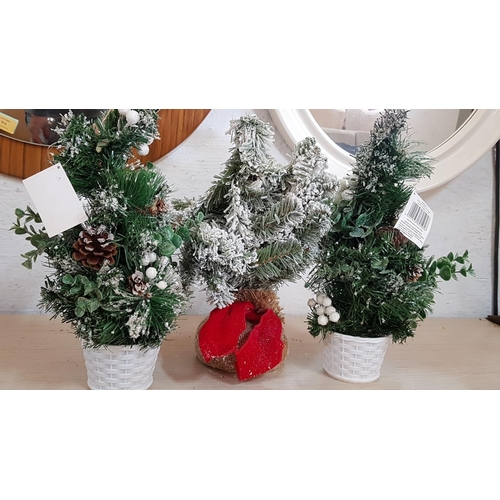 41 - 3 x Small Artificial Christmas Trees (H: 36cm each), Together with Silver Tone Hanging Nesting Jingl... 