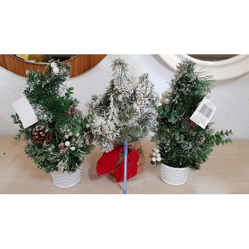 41 - 3 x Small Artificial Christmas Trees (H: 36cm each), Together with Silver Tone Hanging Nesting Jingl... 