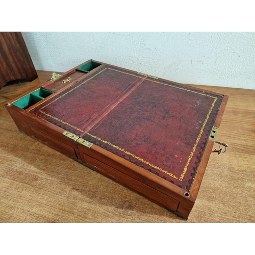 87 - Antique Writing Slope / Travelling Table-Top Opening Box with Brass Corners, Carrying Handle, Lock &... 