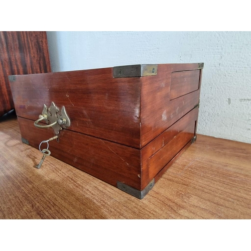 87 - Antique Writing Slope / Travelling Table-Top Opening Box with Brass Corners, Carrying Handle, Lock &... 