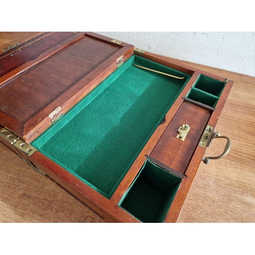 87 - Antique Writing Slope / Travelling Table-Top Opening Box with Brass Corners, Carrying Handle, Lock &... 