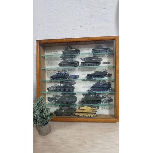 82 - Display Cabinet with Collection of Vintage Solido Die Cast World War II Tanks and Other Military Mac... 