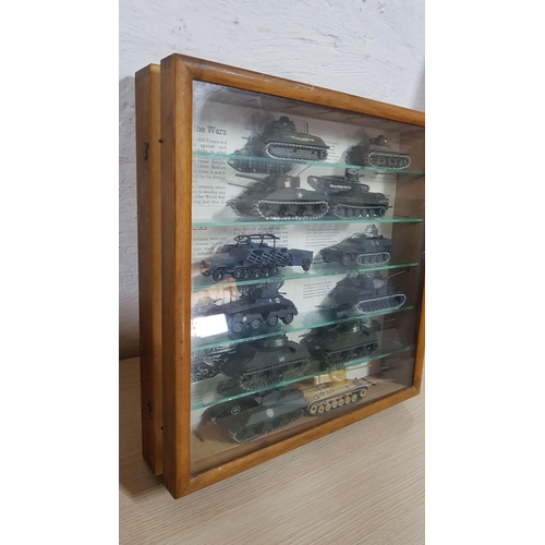 82 - Display Cabinet with Collection of Vintage Solido Die Cast World War II Tanks and Other Military Mac... 