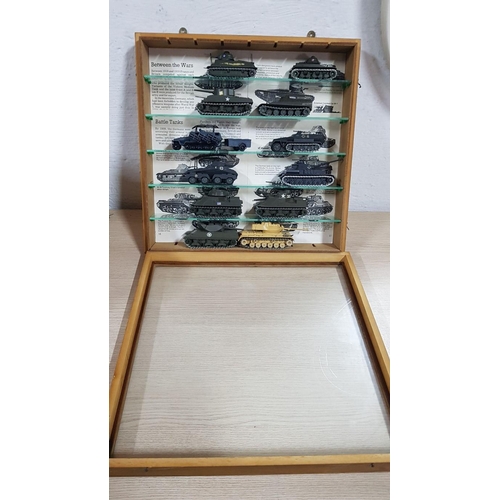 82 - Display Cabinet with Collection of Vintage Solido Die Cast World War II Tanks and Other Military Mac... 