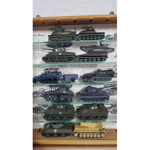 82 - Display Cabinet with Collection of Vintage Solido Die Cast World War II Tanks and Other Military Mac... 