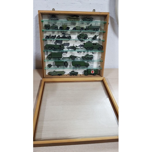 83 - Display Cabinet with Collection of Vintage DINKY TOYS Die Cast Model Tanks, Army Trucks & Military M... 