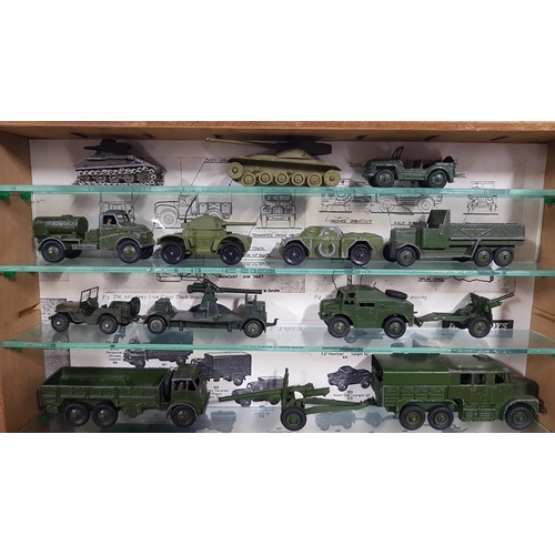 83 - Display Cabinet with Collection of Vintage DINKY TOYS Die Cast Model Tanks, Army Trucks & Military M... 