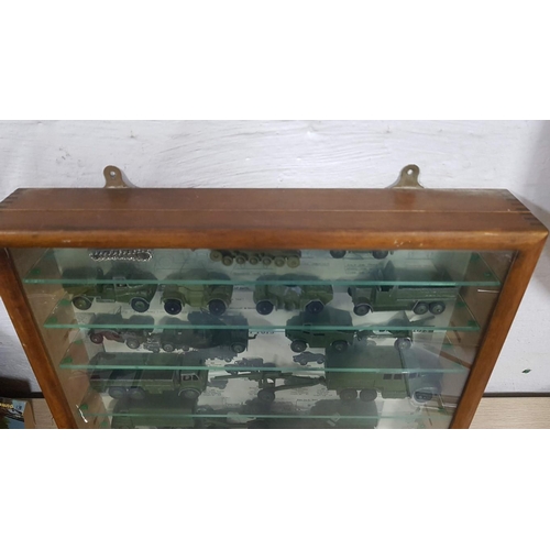 83 - Display Cabinet with Collection of Vintage DINKY TOYS Die Cast Model Tanks, Army Trucks & Military M... 