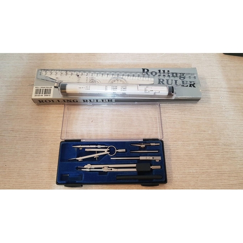 244 - Math School Supplies (Drafting Set and Rolling Ruler), Together with 3x Retro Electronic Translators... 