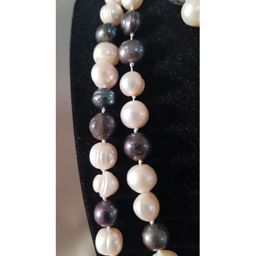 250 - Natural Baroque Grey and White Pearl Necklace, Single Long Strand, Individually Knotted, (Approx. L:... 