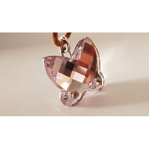 252 - 'Swarovski' Butterfly Pink Crystal Pendant (Hallmark) on Leather Rope. Original Box.