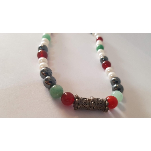 254 - Natural Stone (Believe Pearls, Jade & Garnet), Single Strand Necklace, (Approx. L:50cm).