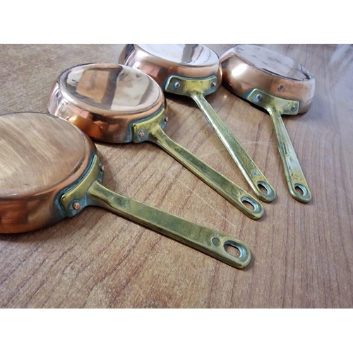 10 - Set 4 x Graduated Copper & Brass Frying Pans, (Approx. 29cm x 14cm, Down to 19.5cm x 9cm Overall), (... 