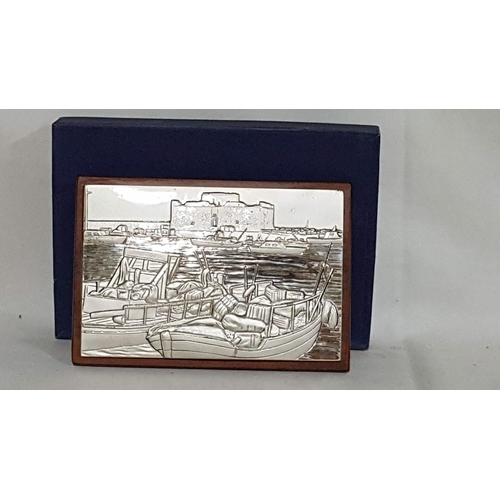 327 - 'Paphos Harbour' Silver Picture (Cyprus Hallmark 925) on Wood Plaque, 15.5cm x 10.5cm. (Boxed)