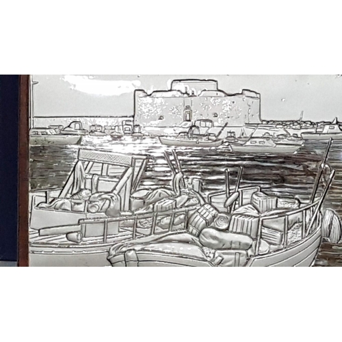 327 - 'Paphos Harbour' Silver Picture (Cyprus Hallmark 925) on Wood Plaque, 15.5cm x 10.5cm. (Boxed)