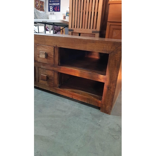 328 - Solid Wood Small Side Board / TV Unit, 4-Drawers and 2-Shelves, (Approx. 99cm x 59cm x 52cm).