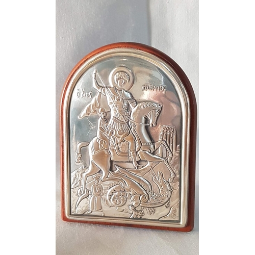 330 - Silver Religion Icons: Saint George (12.5cm x 9.5cm), Mini Ikon of Mother and Child (3.5cm x 7.5cm) ... 