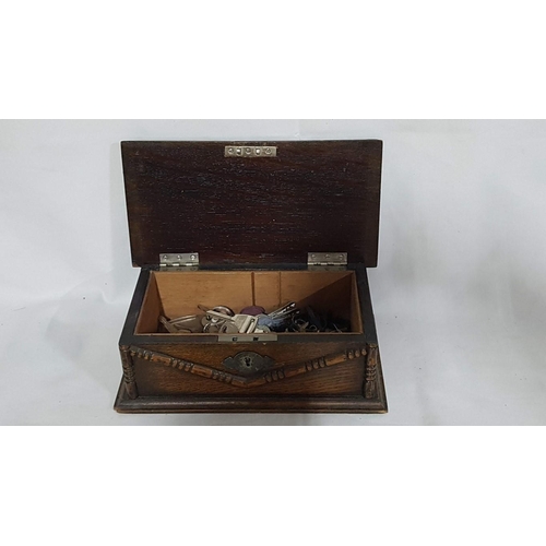 377 - Vintage Carved Wooden Box (13.5cm x 24cm x 8.5cm) with Collection of Assorted Keys , Few Coins and B... 