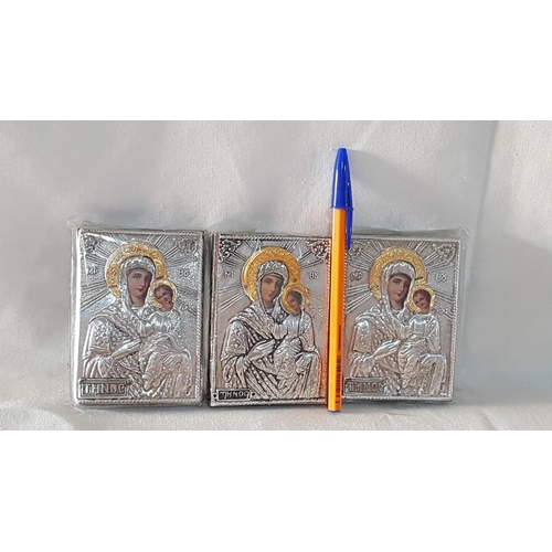 381 - Holy Mother with Child, 3 x Silver Plated Icons, (Approx. 7cm x 9.5cm each).