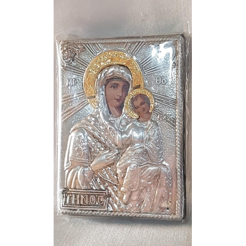 381 - Holy Mother with Child, 3 x Silver Plated Icons, (Approx. 7cm x 9.5cm each).