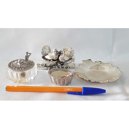 383 - Vintage Style Silver Tone Mini Tableware ( Mini Mustard and Salt Holders, Mini Pin Dish and ''Loving... 