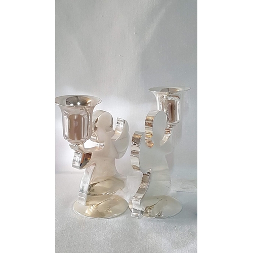 384 - Metal Art, Pair of Silver Tone ''Angels'' Candle Sticks. Made in Germany. ( H: 9.5cm Each )