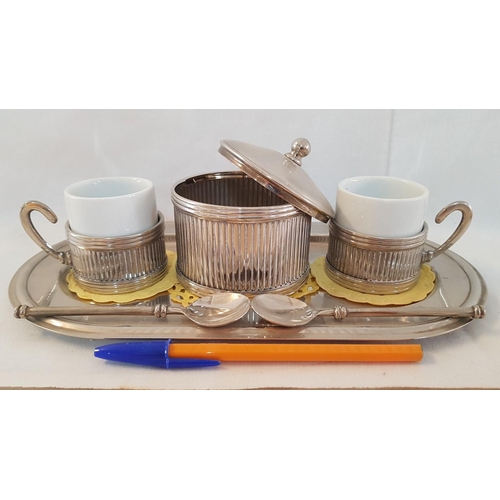 388 - Retro Style Greek/Turkish Coffee 6x Pcs Set. White Metal and Porcelain, ( Oval Trey, 2X Porcelain Cu... 