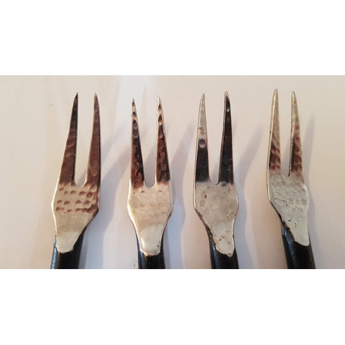 389 - Hand Made Snack Forks. White Metal , Hammer Finished and Heavy Black Finished Handles. ( x4 )