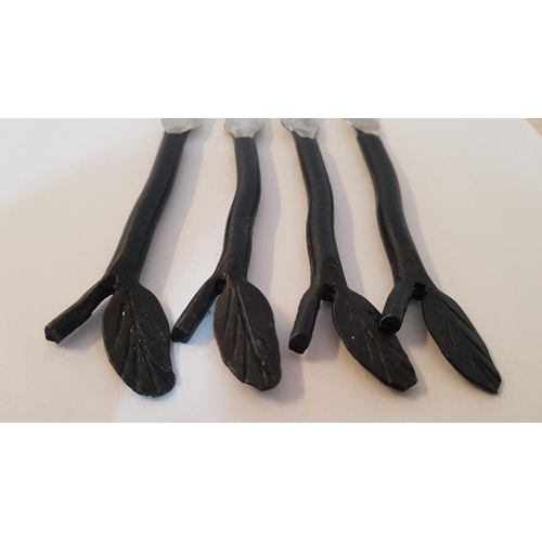 389 - Hand Made Snack Forks. White Metal , Hammer Finished and Heavy Black Finished Handles. ( x4 )